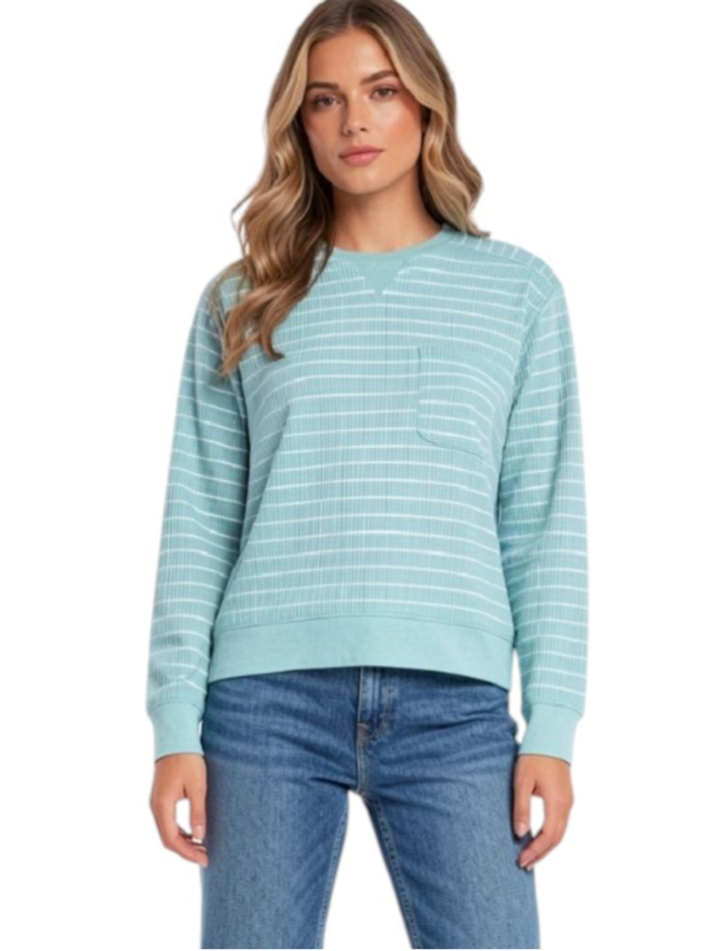ON 34TH Mint Green Striped Crew Neck Waffle Knit Long Sleeve Top Large